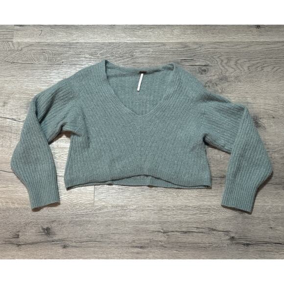 Free People Sweaters - Free People 100% Cashmere S Teal Blue Crop Long Sleeve Sweater Small V Neck